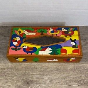 Handmade Painted Wooden Tissue Box Holder Folk Art Colorful Birds Alpaca Floral